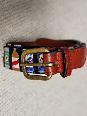 Smathers & Branson Beer Can Needlepoint Belt Black Background Brown Brass 36